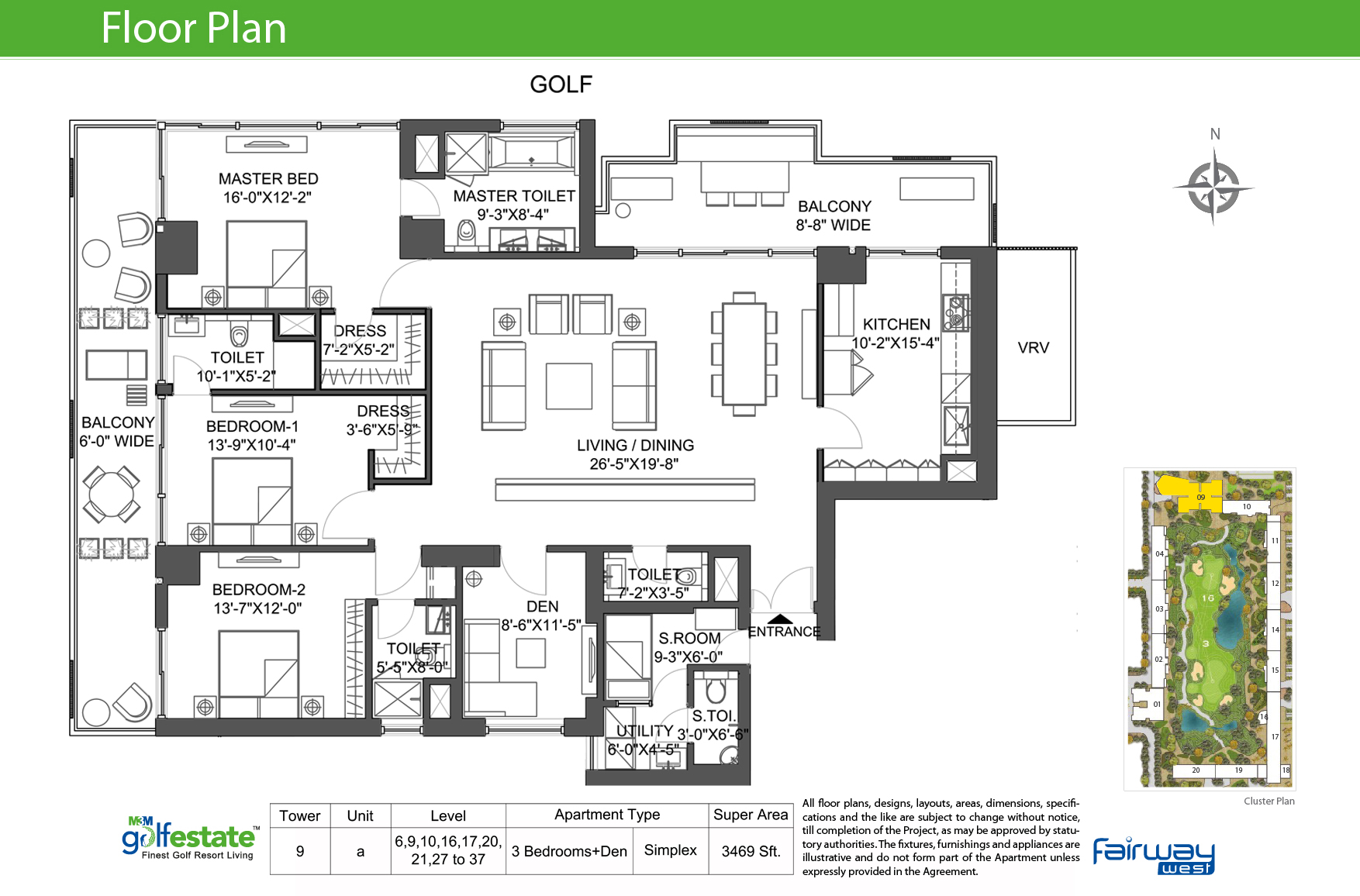 Floor plan of M3M Golf estate Fairway West 3469 Sqft